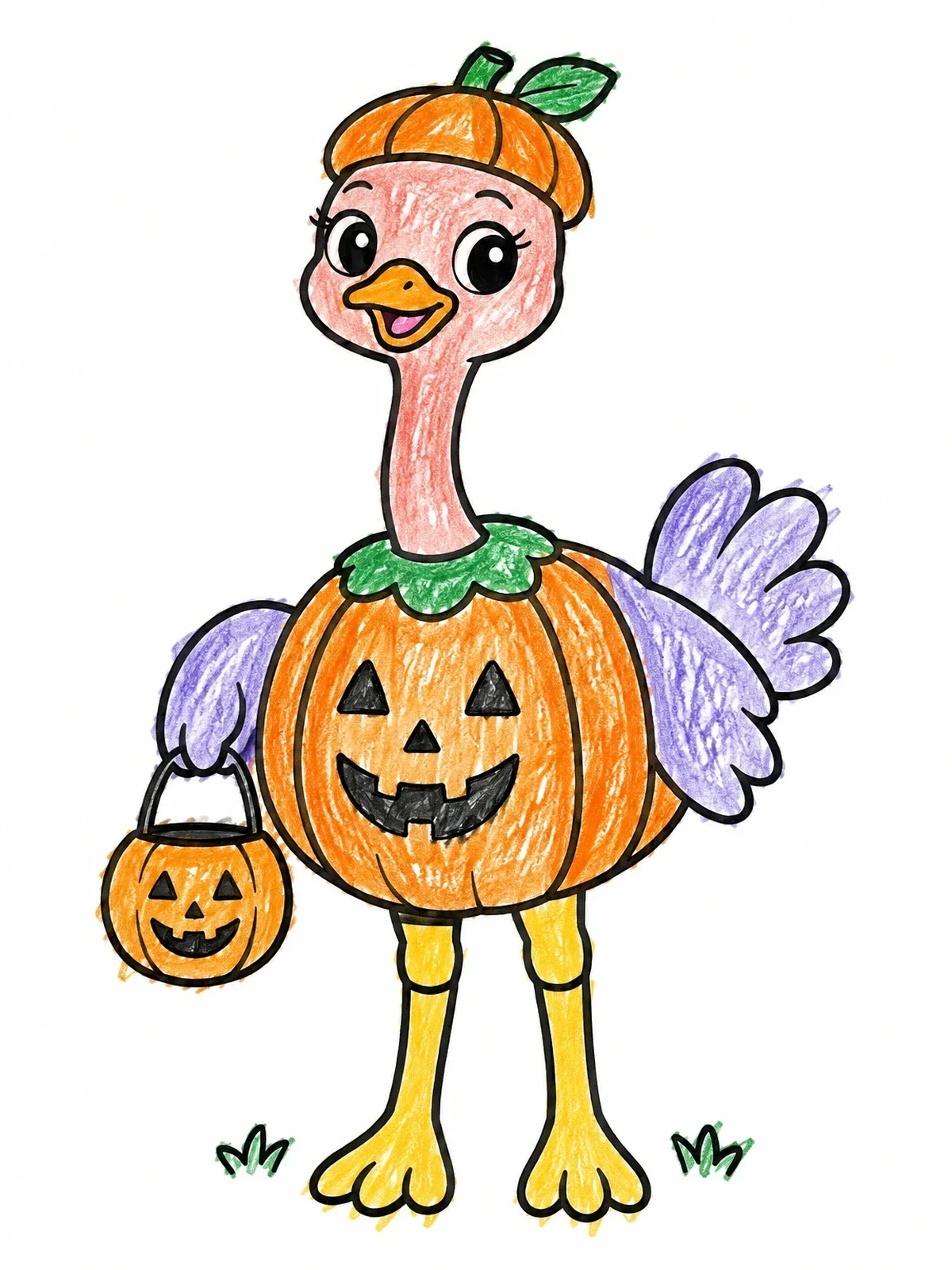 Colored example of the Ostrich In Halloween Pumpkin Costume coloring page