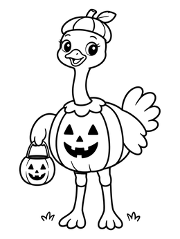 Cute ostrich coloring page wearing a pumpkin costume with a treat bucket.