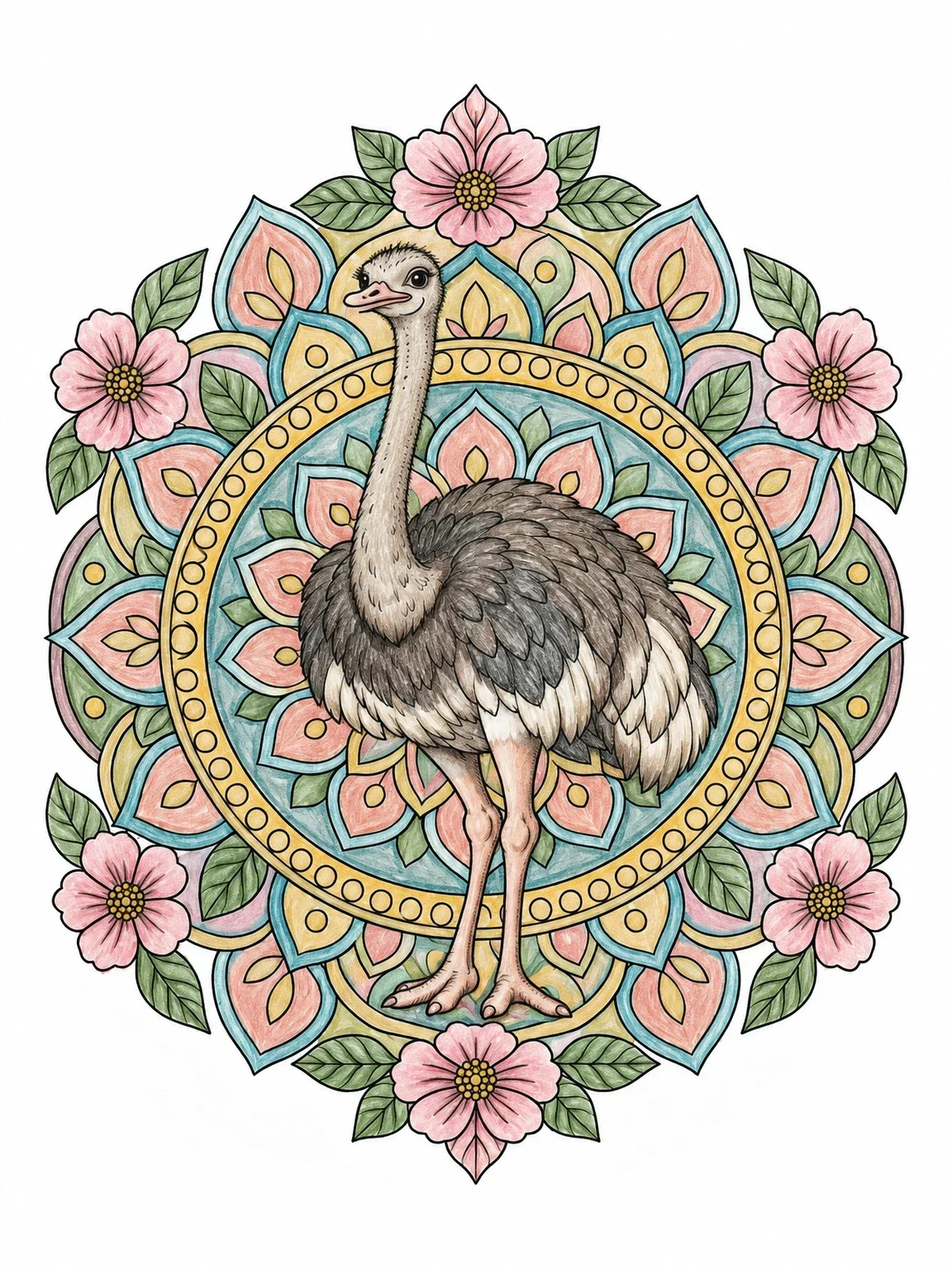 Colored example of the Ostrich In Floral Mandala coloring page
