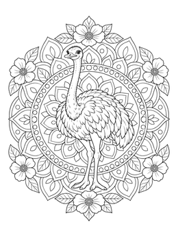 An intricate ostrich coloring page framed by a circular floral mandala pattern.