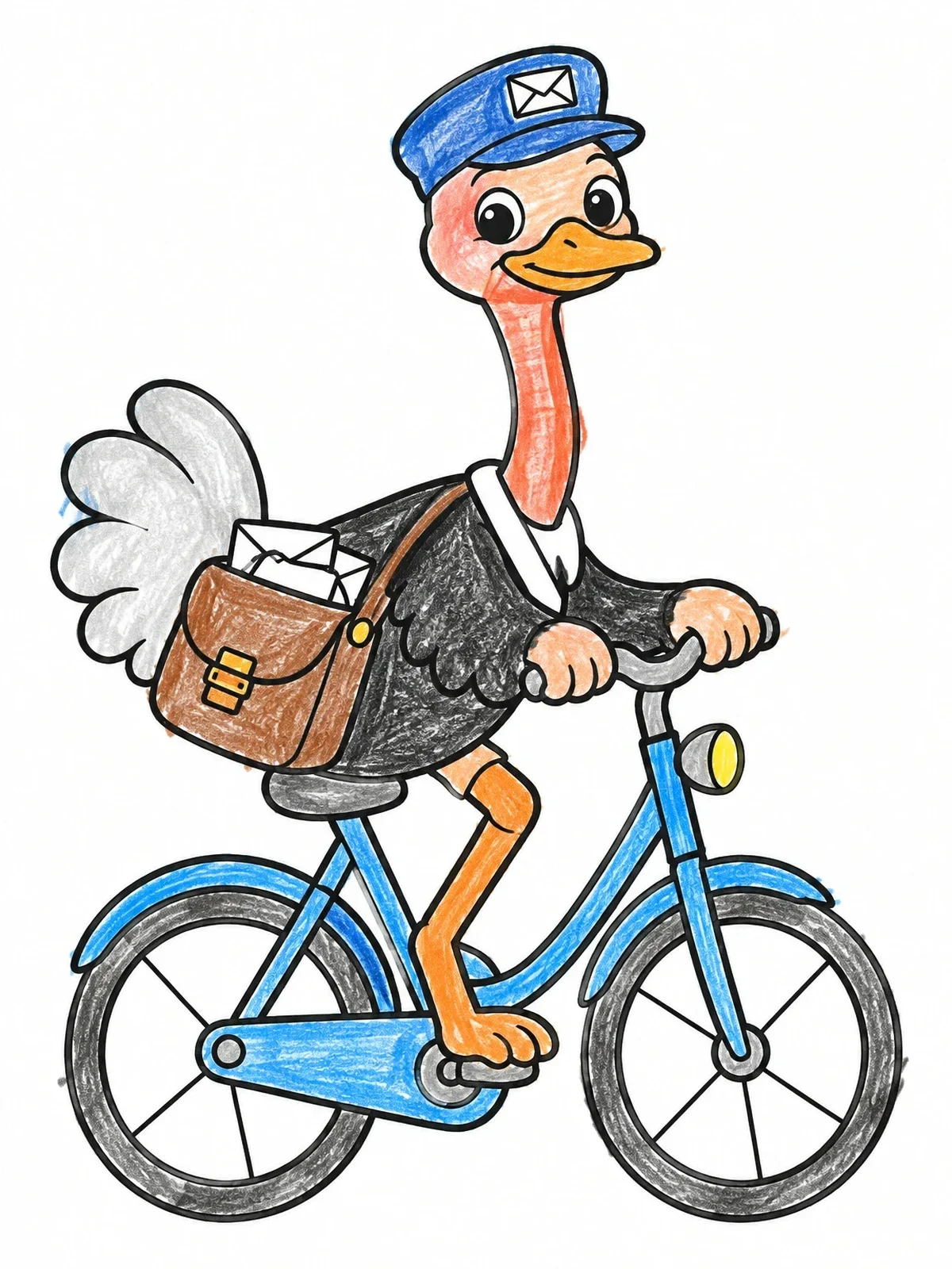 Colored example of the Ostrich Mail Carrier Riding A Bicycle coloring page