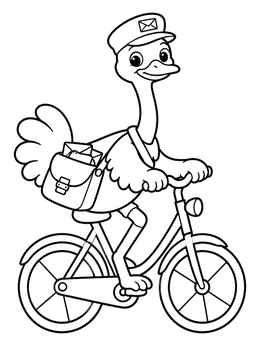 A cheerful mail carrier on this ostrich coloring page rides a bicycle with letters.