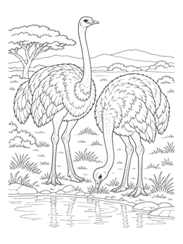 A detailed ostrich coloring page showing two birds standing near a savanna waterhole.