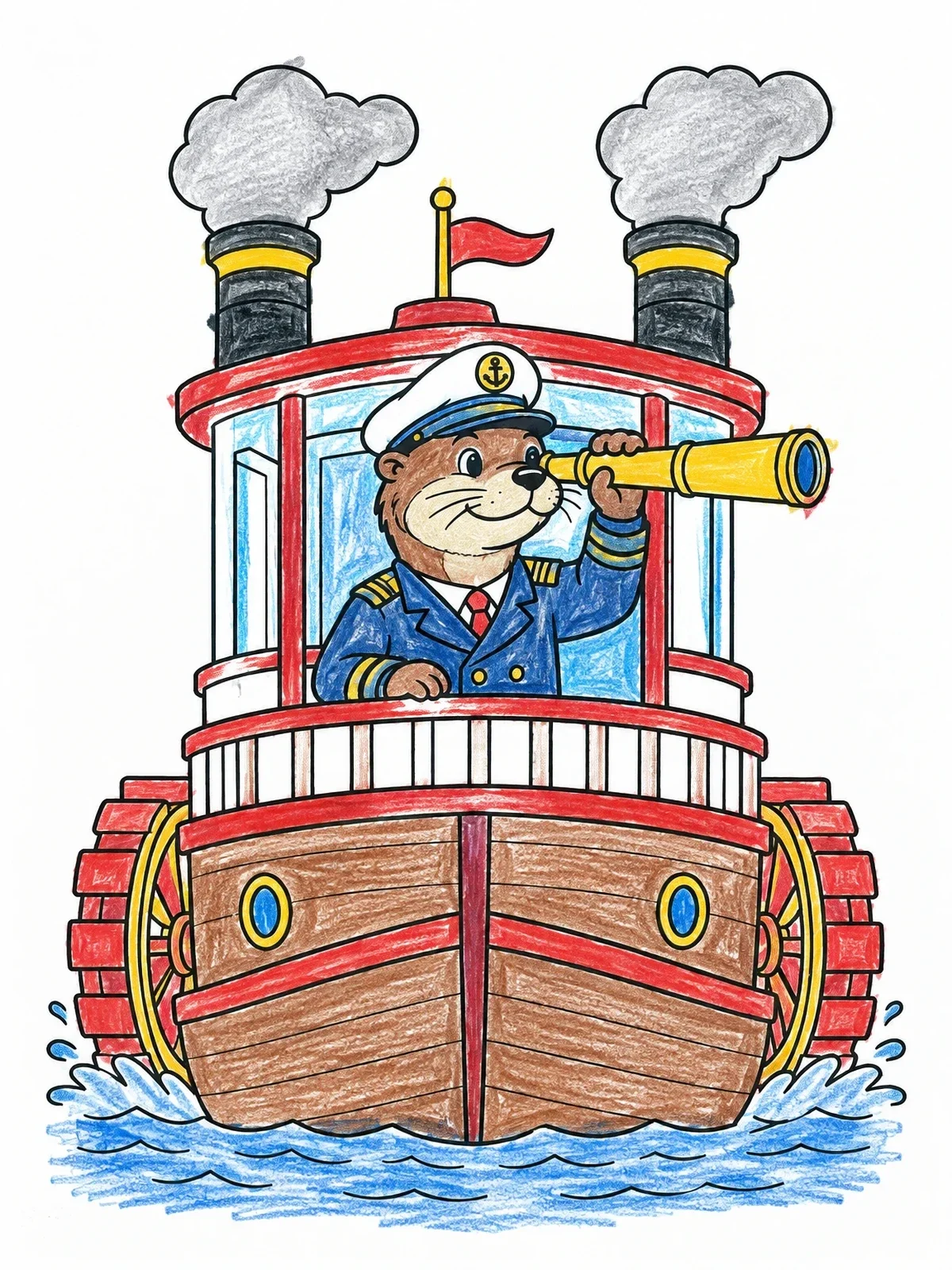 Colored example of the Otter Captain On A River Steamboat coloring page