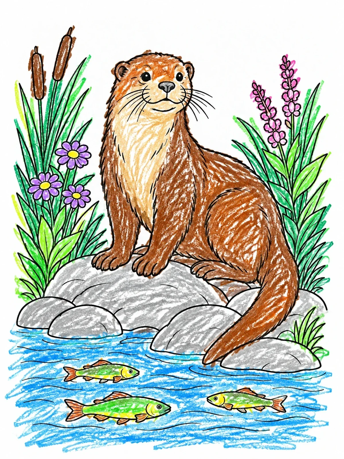 Colored example of the Otter On Riverbank Rocks coloring page