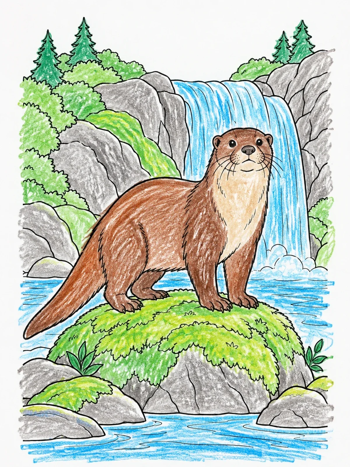 Colored example of the Otter By A Mountain Waterfall coloring page