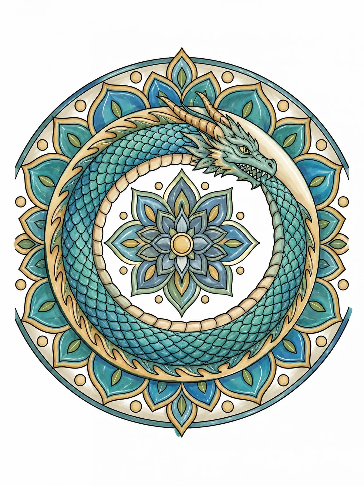 Colored example of the Ouroboros Dragon Circular Mandala coloring page