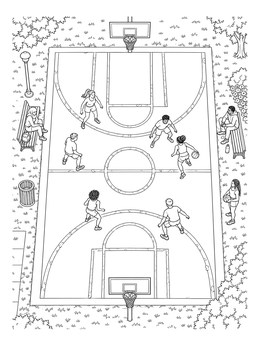 Top-down view of players on a basketball court coloring page surrounded by trees and park benches.