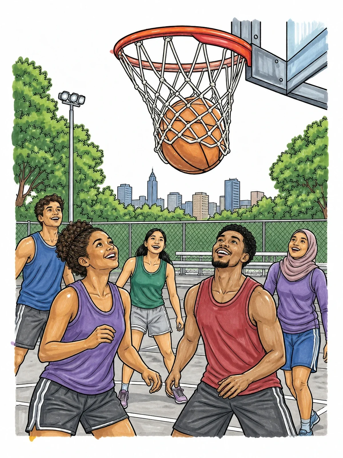 Colored example of the Outdoor Basketball Game In Los Angeles coloring page