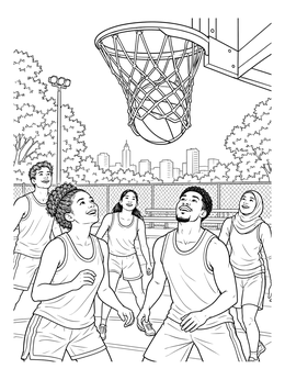 Teens playing basketball on an outdoor court in this los angeles coloring page.