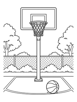 A basketball hoop coloring page featuring a court, net, and ball outside near a fence.