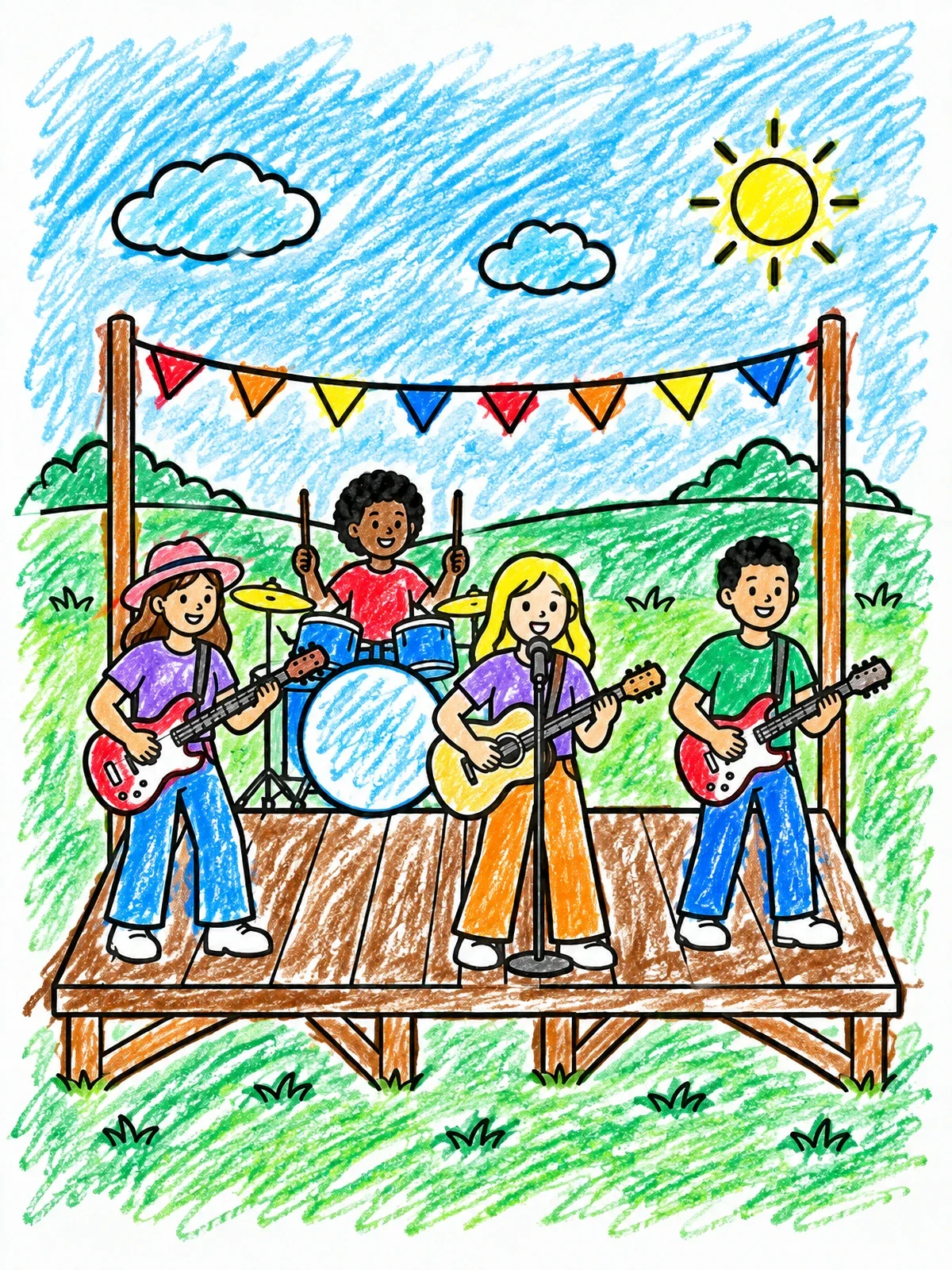 Colored example of the Outdoor Festival Rock Band Performance coloring page