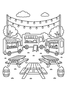 Picnic benches and catering vans in a lively food coloring page scene.