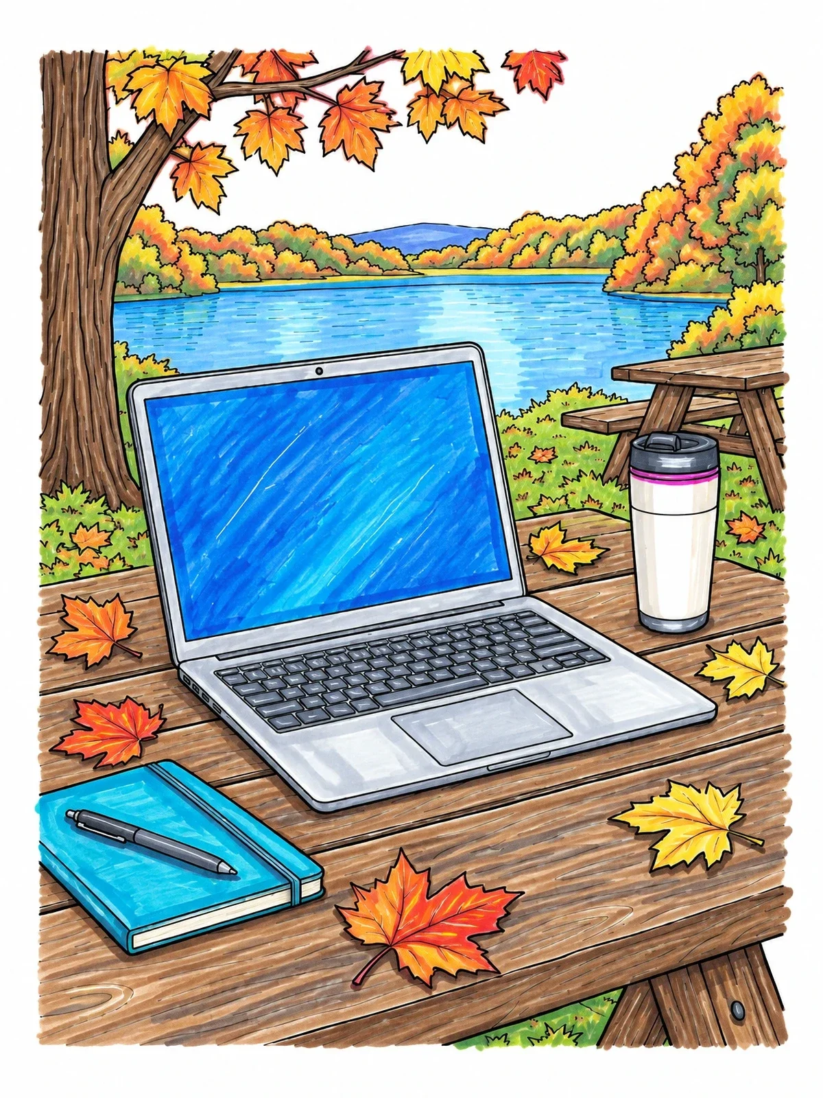 Colored example of the Outdoor Laptop By The Lake coloring page