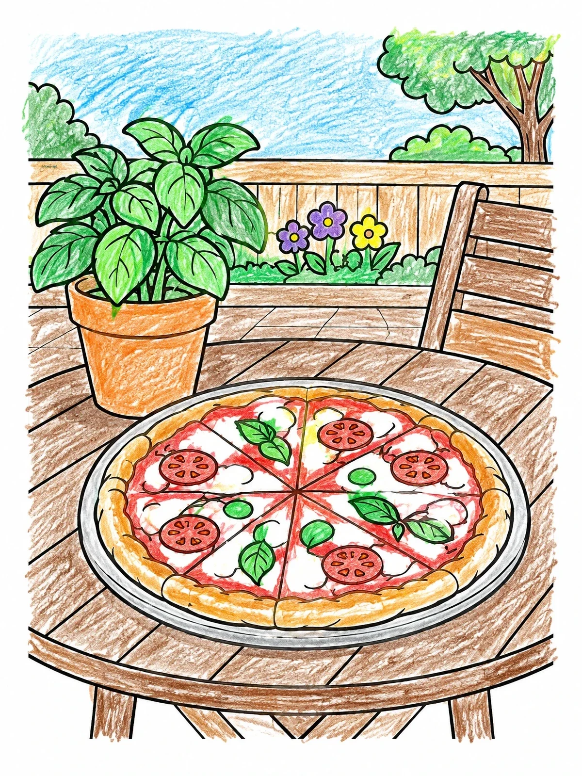 Colored example of the Outdoor Pizza And Basil Plant coloring page