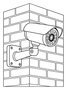A modern security camera coloring page mounted on a corner brick wall.