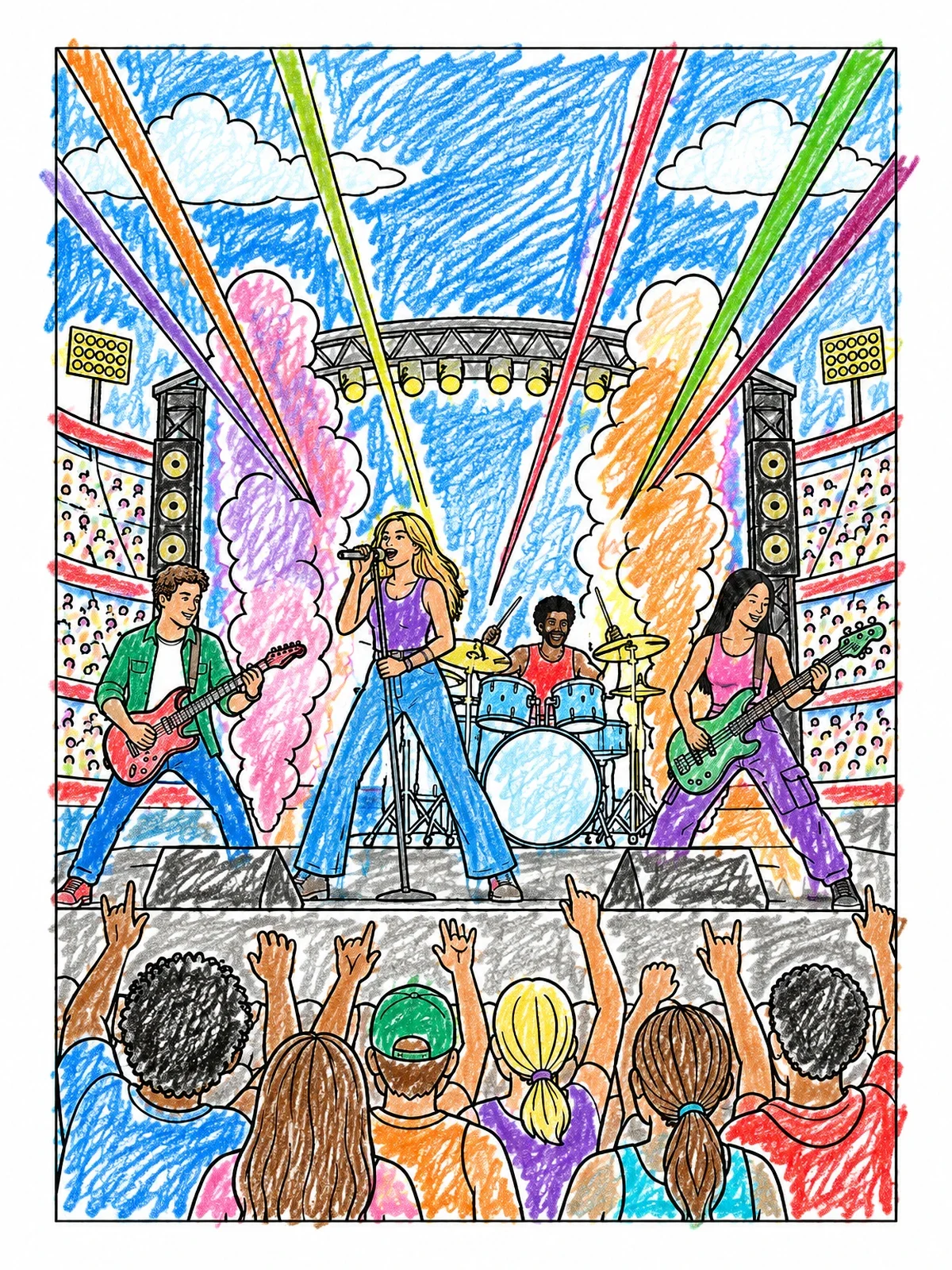 Colored example of the Outdoor Stadium Rock Band Concert coloring page