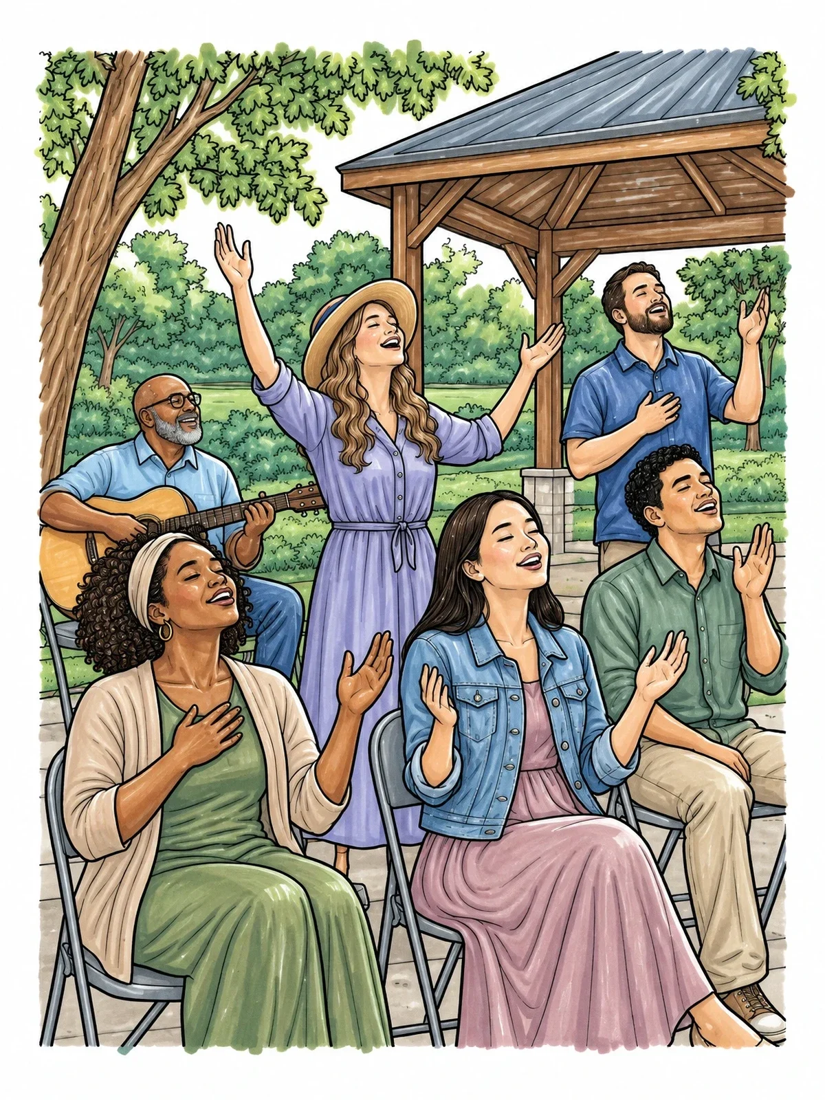 Colored example of the Outdoor Worship Gathering At The Pavilion coloring page