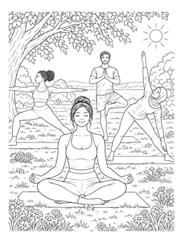 A group practices different poses in the park on this peaceful yoga coloring page.