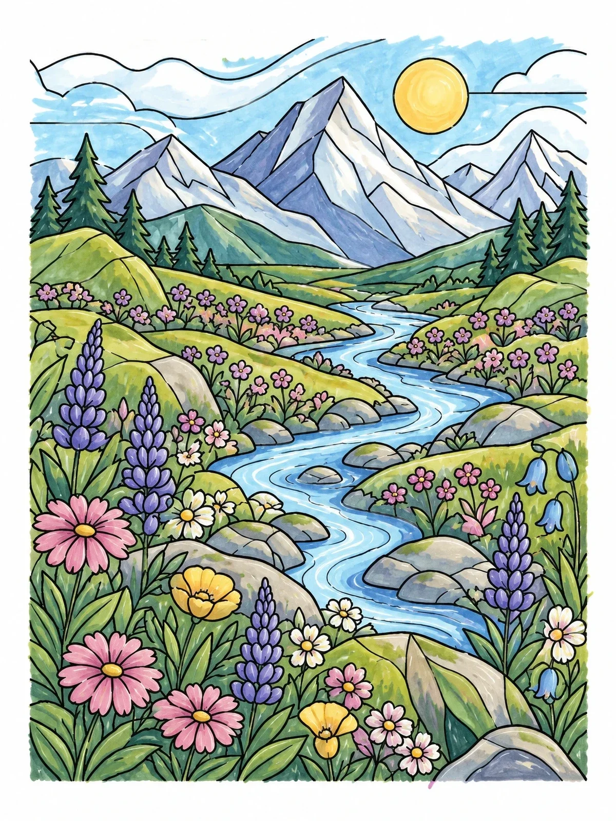 Colored example of the Alpine Meadow With Mountain Stream coloring page