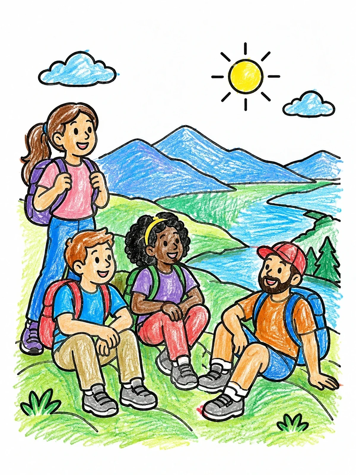 Colored example of the Backpackers Resting On Scenic Ridge coloring page