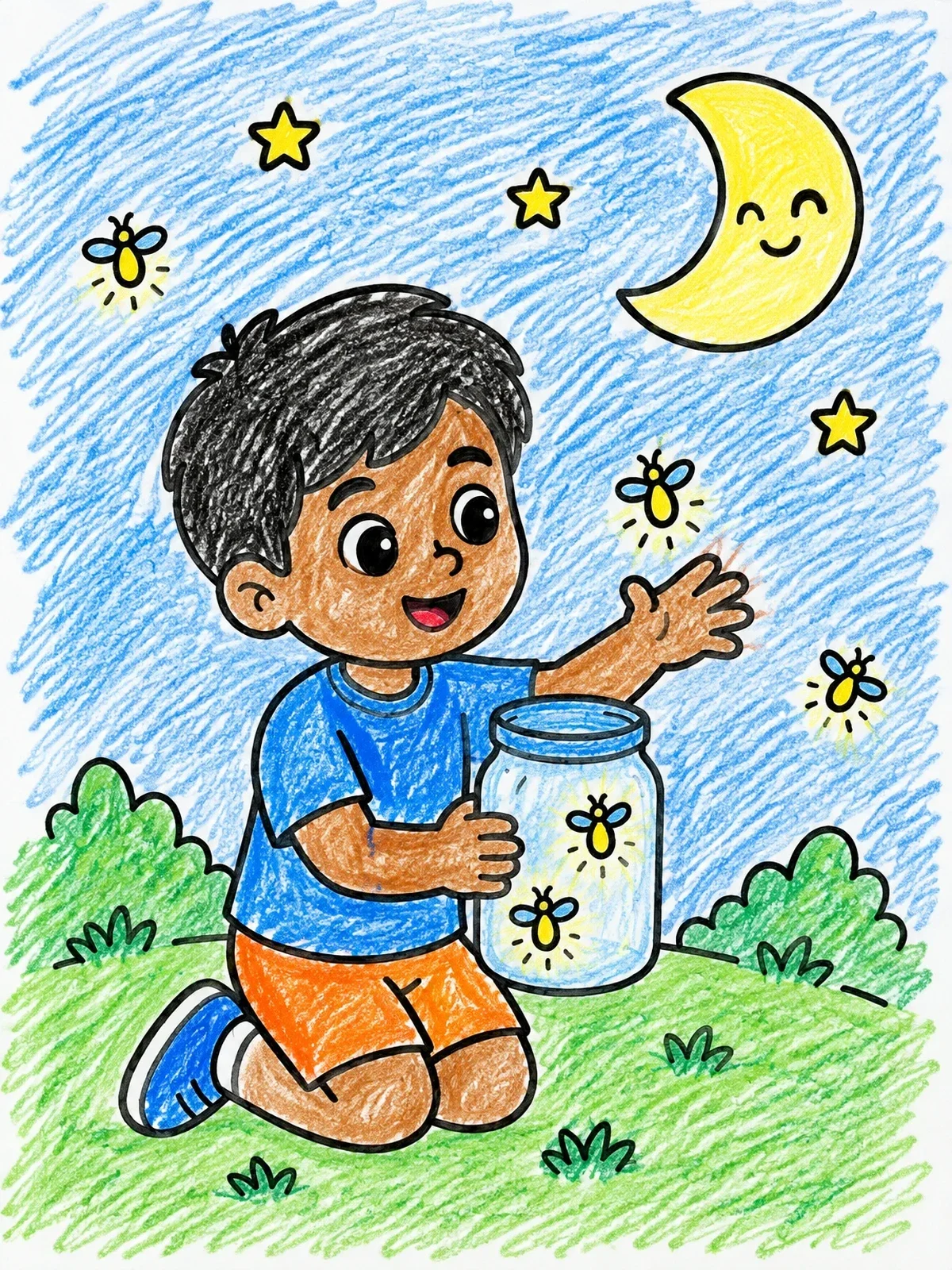 Colored example of the Boy Catching Fireflies In A Jar coloring page