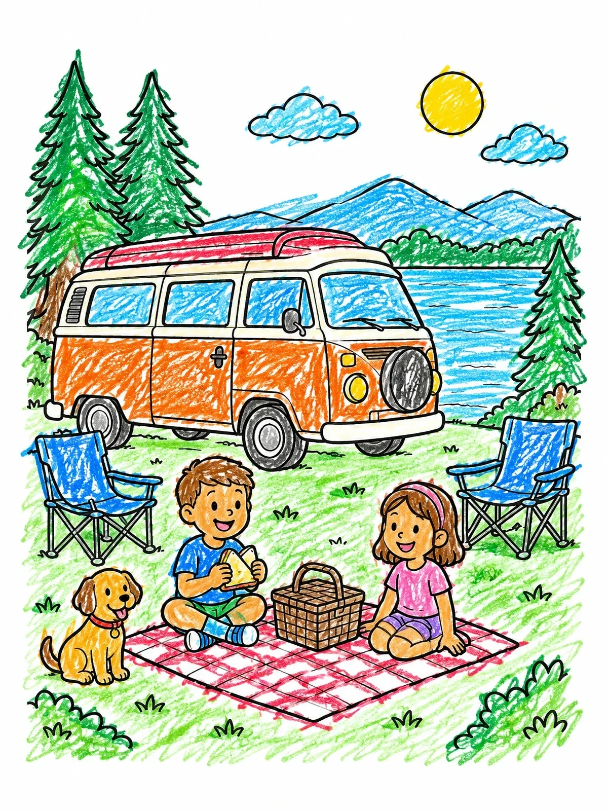 Colored example of the Family Camping Picnic By The Lake coloring page