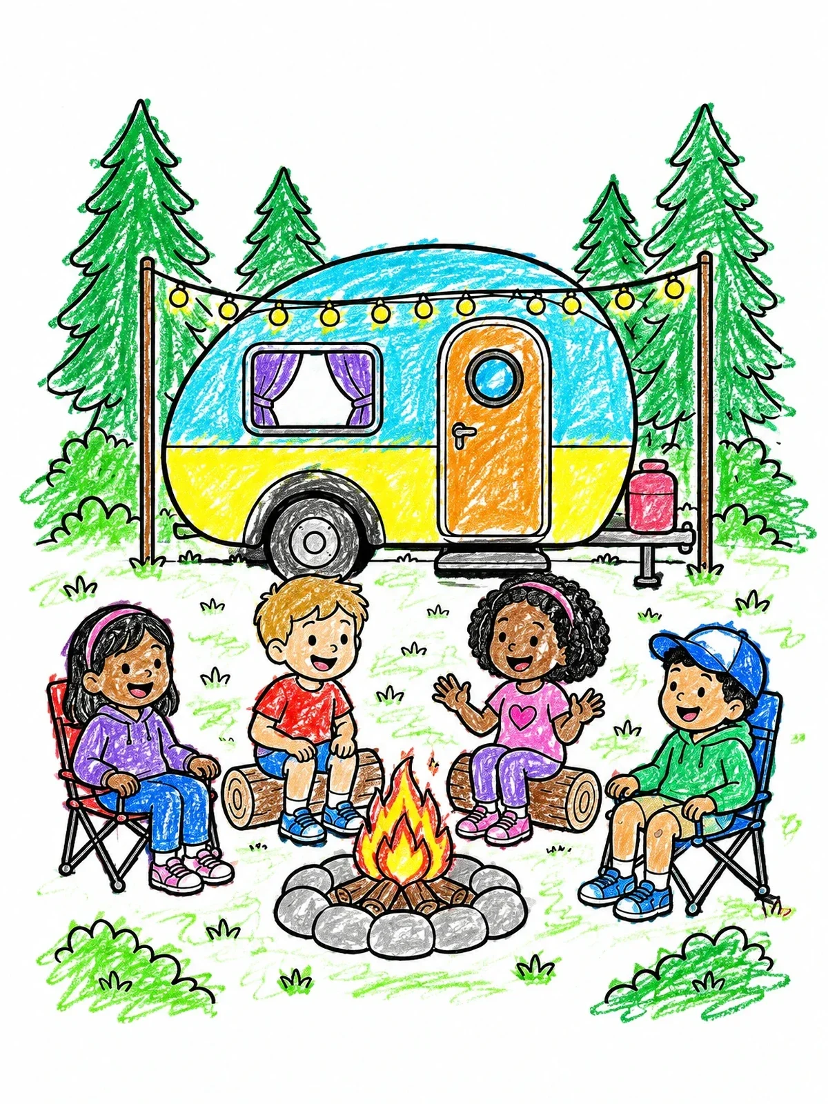 Colored example of the Campfire Fun By The Camper Trailer coloring page