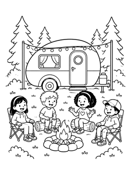 Free printable Campfire Fun By The Camper Trailer coloring page