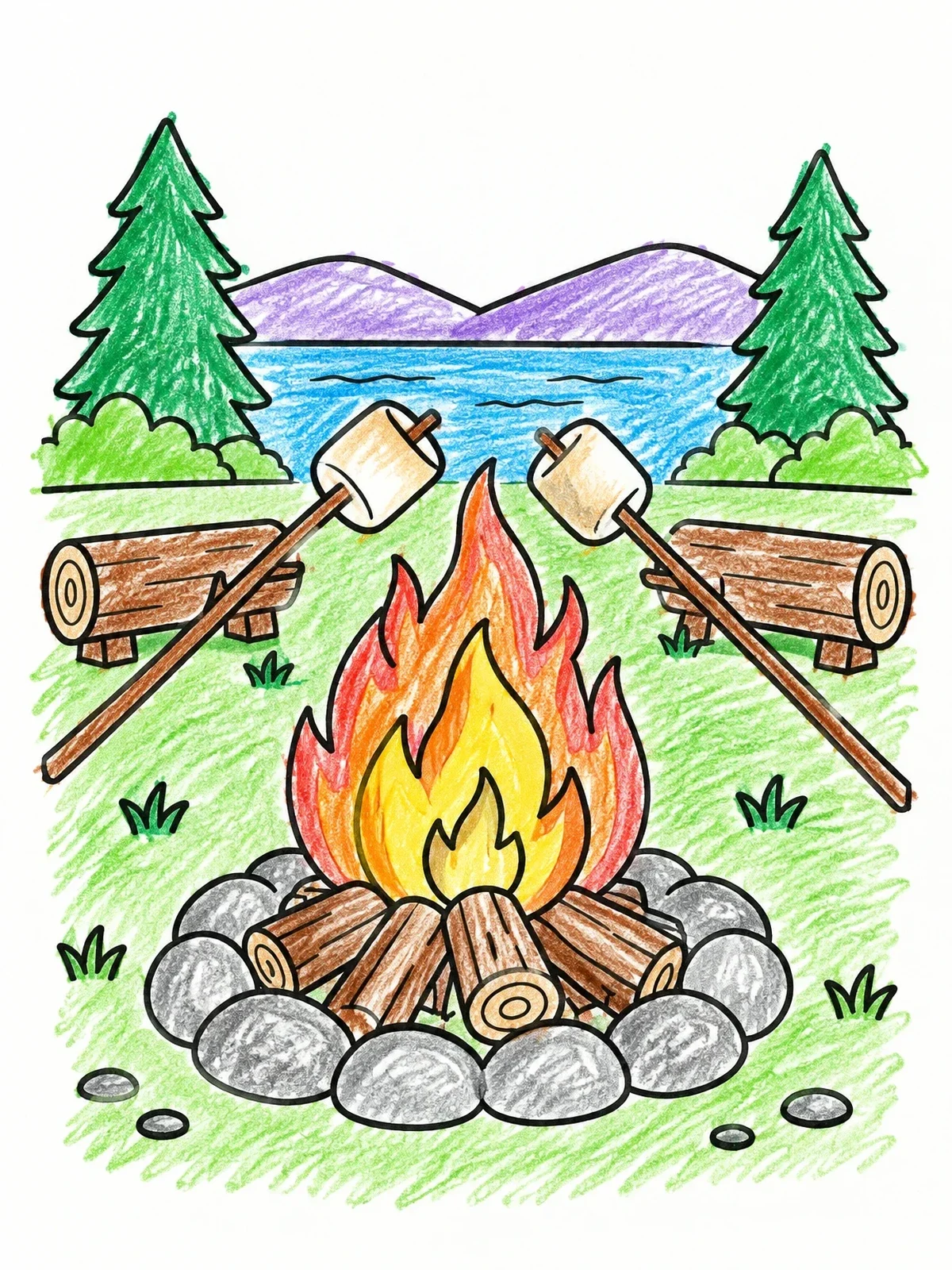 Colored example of the Campfire Marshmallow Roasting Scene coloring page