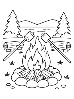Free printable Campfire Marshmallow Roasting Scene coloring page