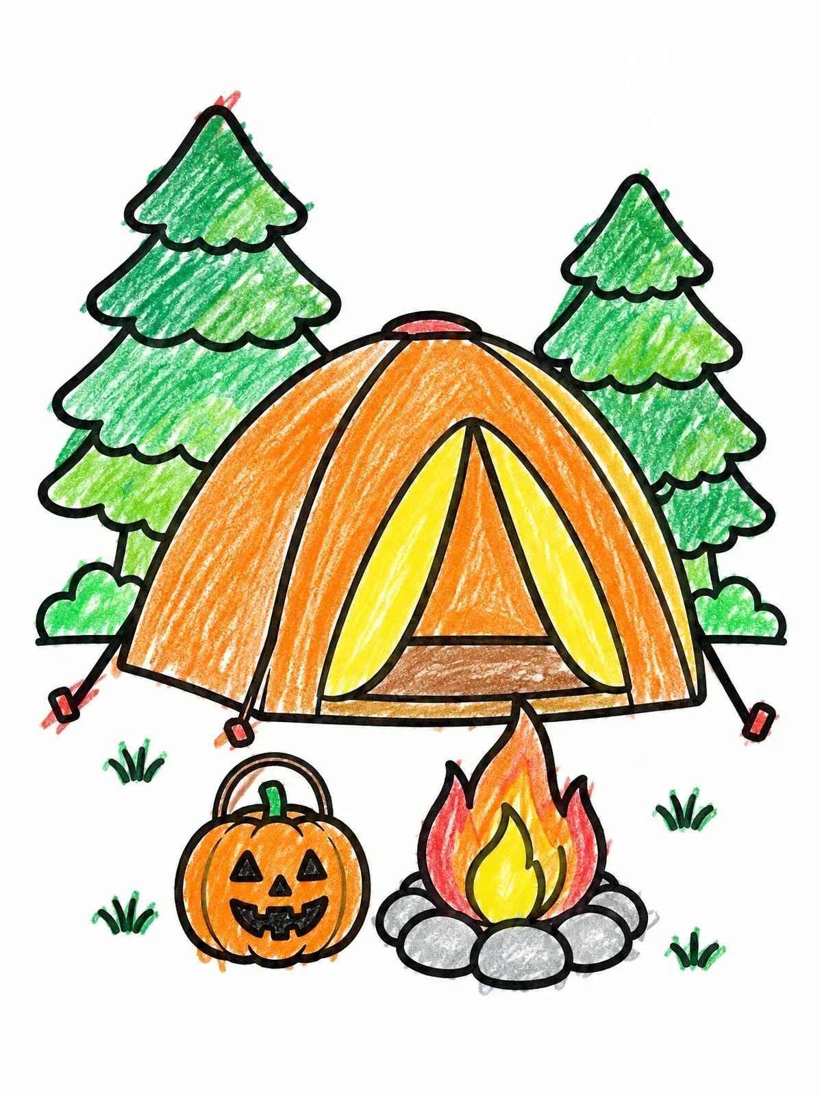 Colored example of the Cozy Campsite With Halloween Pumpkin coloring page