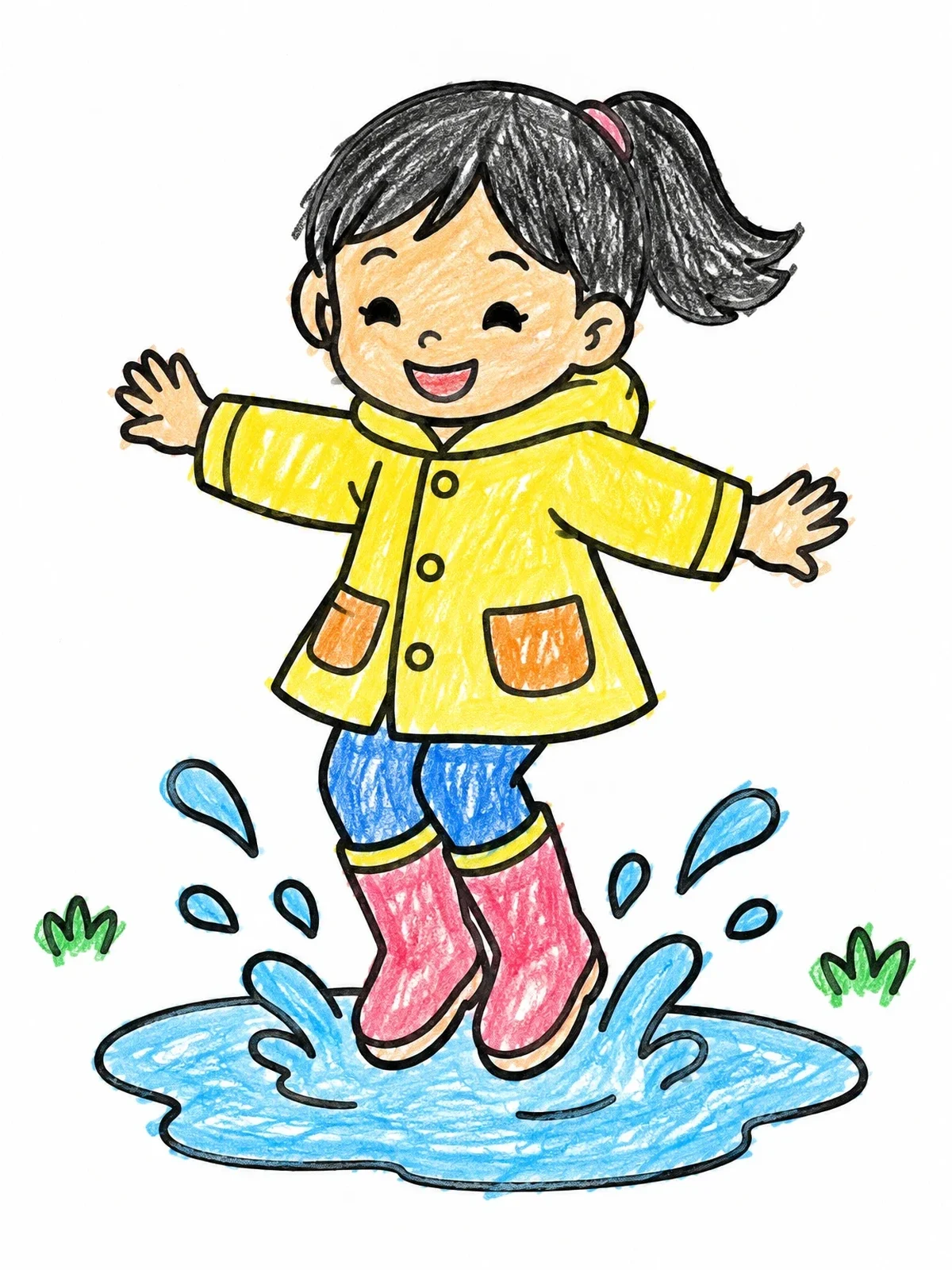 Colored example of the Child Jumping In Mud Puddle coloring page