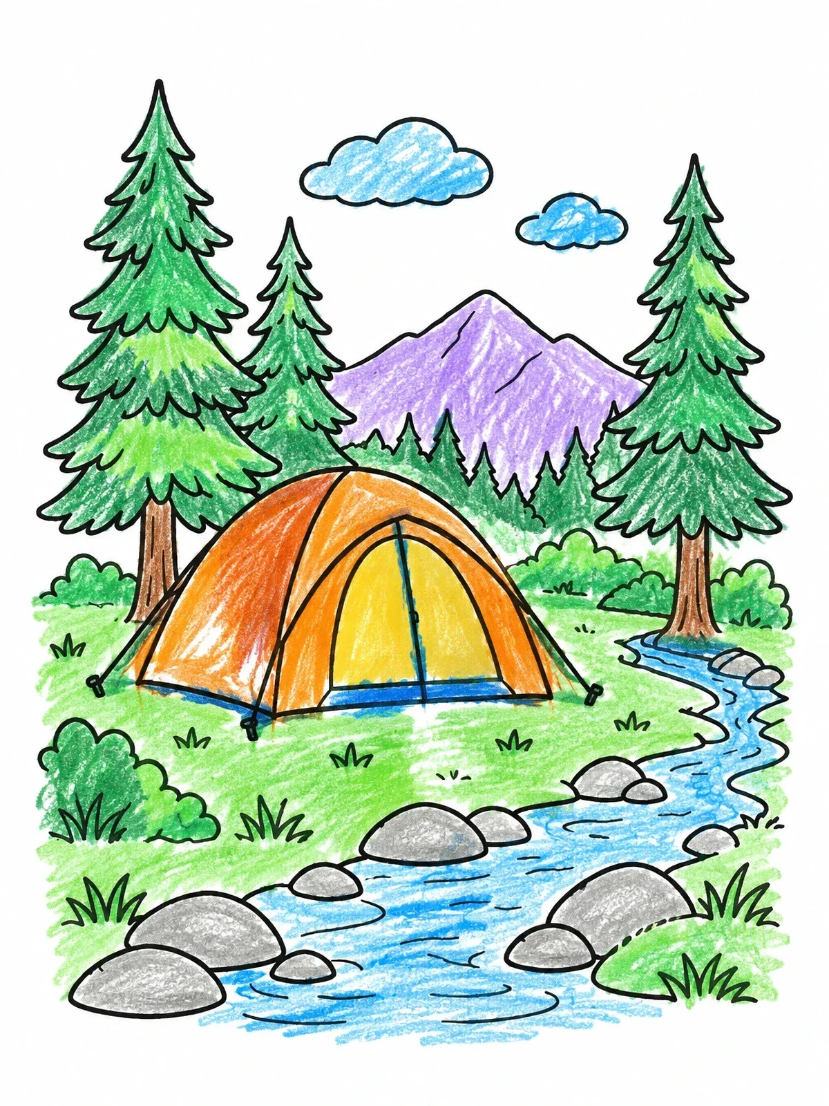 Colored example of the Cozy Camping Tent By The Brook coloring page