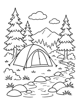 Free printable Cozy Camping Tent By The Brook coloring page