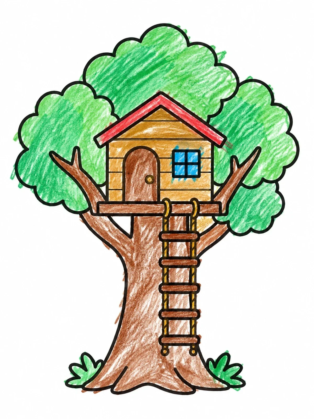 Colored example of the Cozy Wooden Treehouse With Ladder coloring page