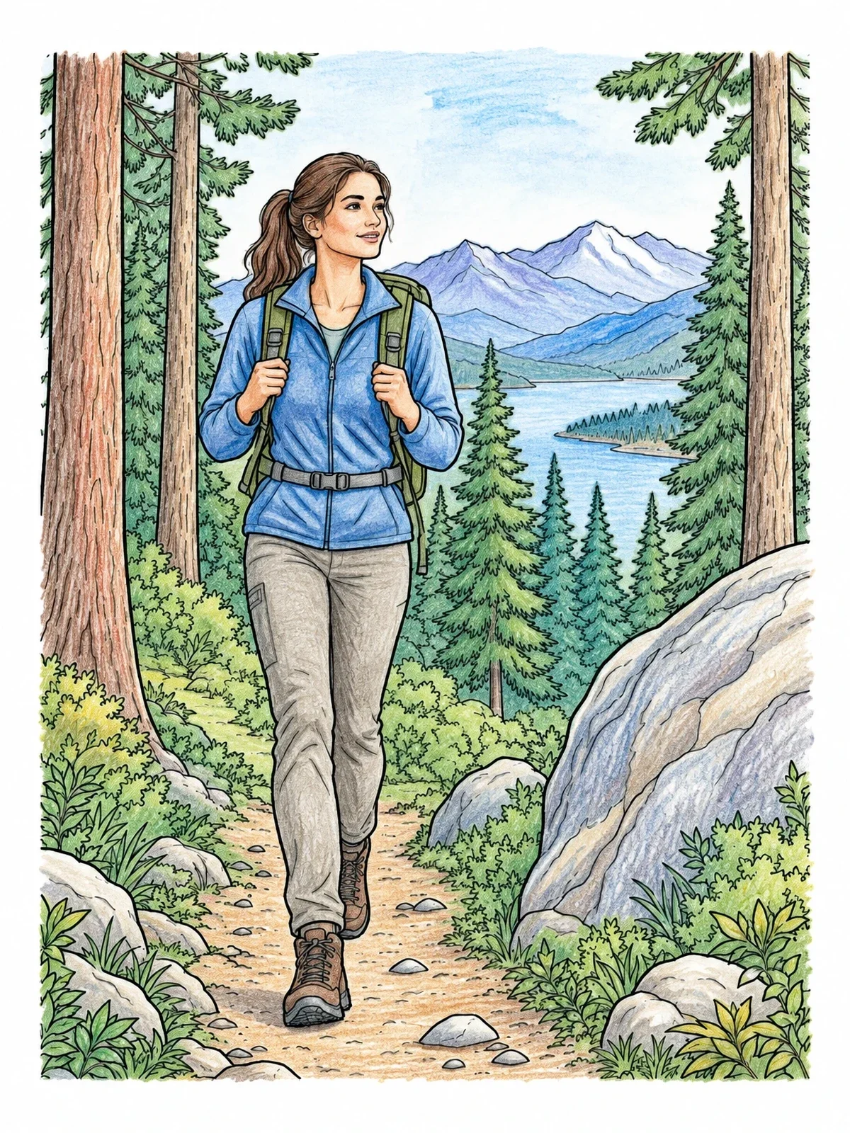 Colored example of the Hiker On Mountain Forest Trail coloring page