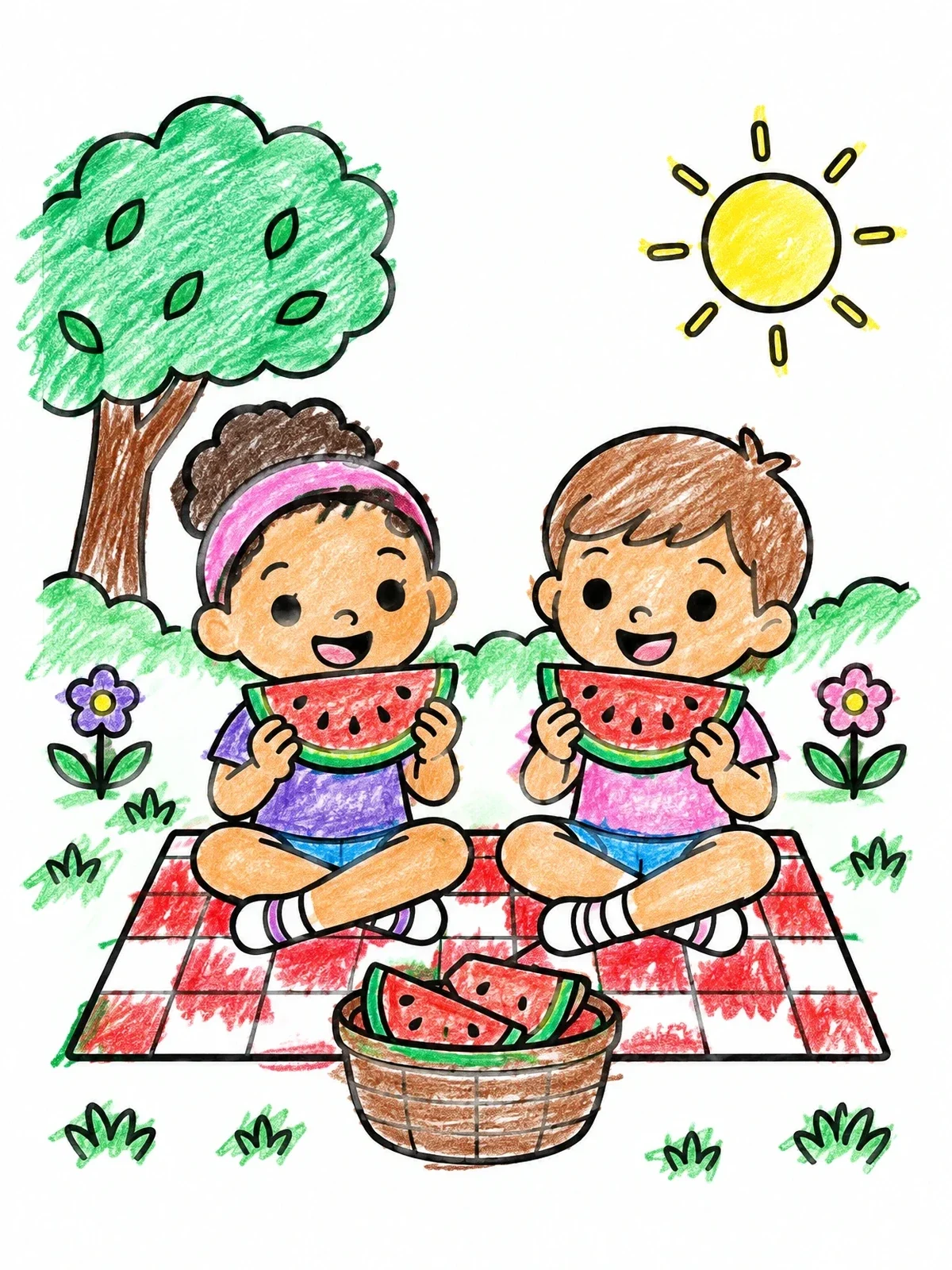 Colored example of the Kids Eating Watermelon On A Picnic Blanket coloring page