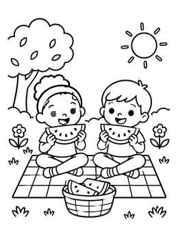 Free printable Kids Eating Watermelon On A Picnic Blanket coloring page