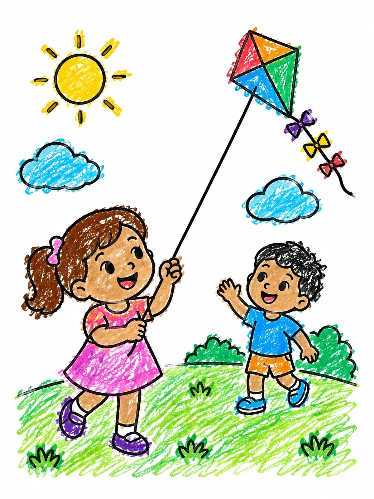 Colored example of the Kids Flying A Kite In The Park coloring page