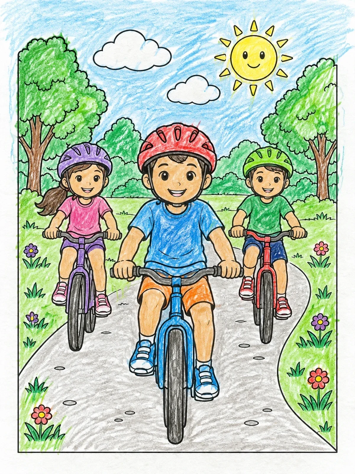 Colored example of the Kids Riding Bikes In The Park coloring page