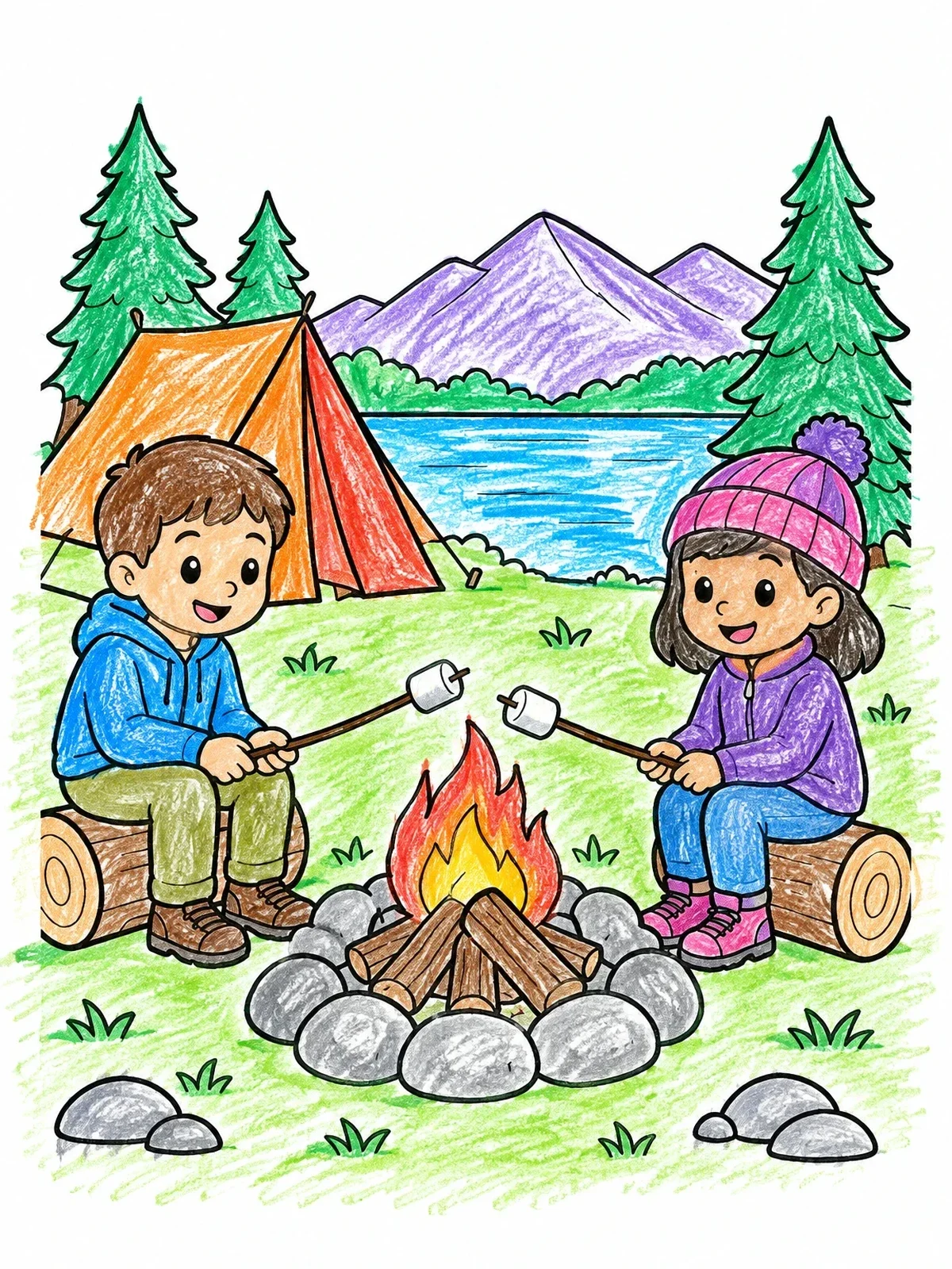 Colored example of the Roasting Marshmallows At Campfire coloring page