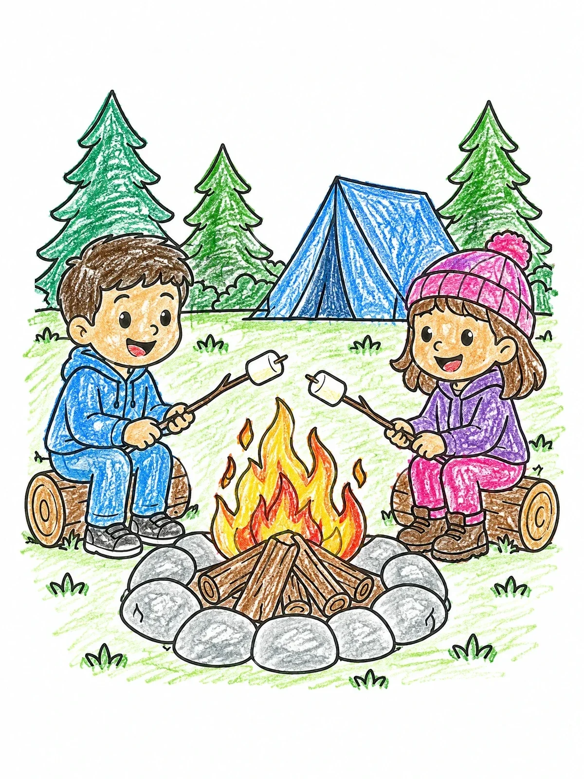 Colored example of the Roasting Marshmallows At Camp coloring page