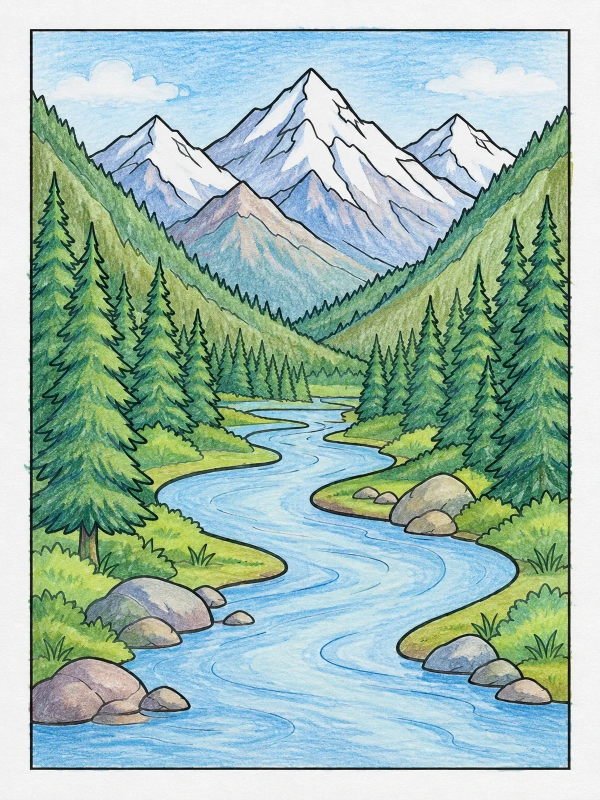 Colored example of the Mountain Valley River Landscape coloring page