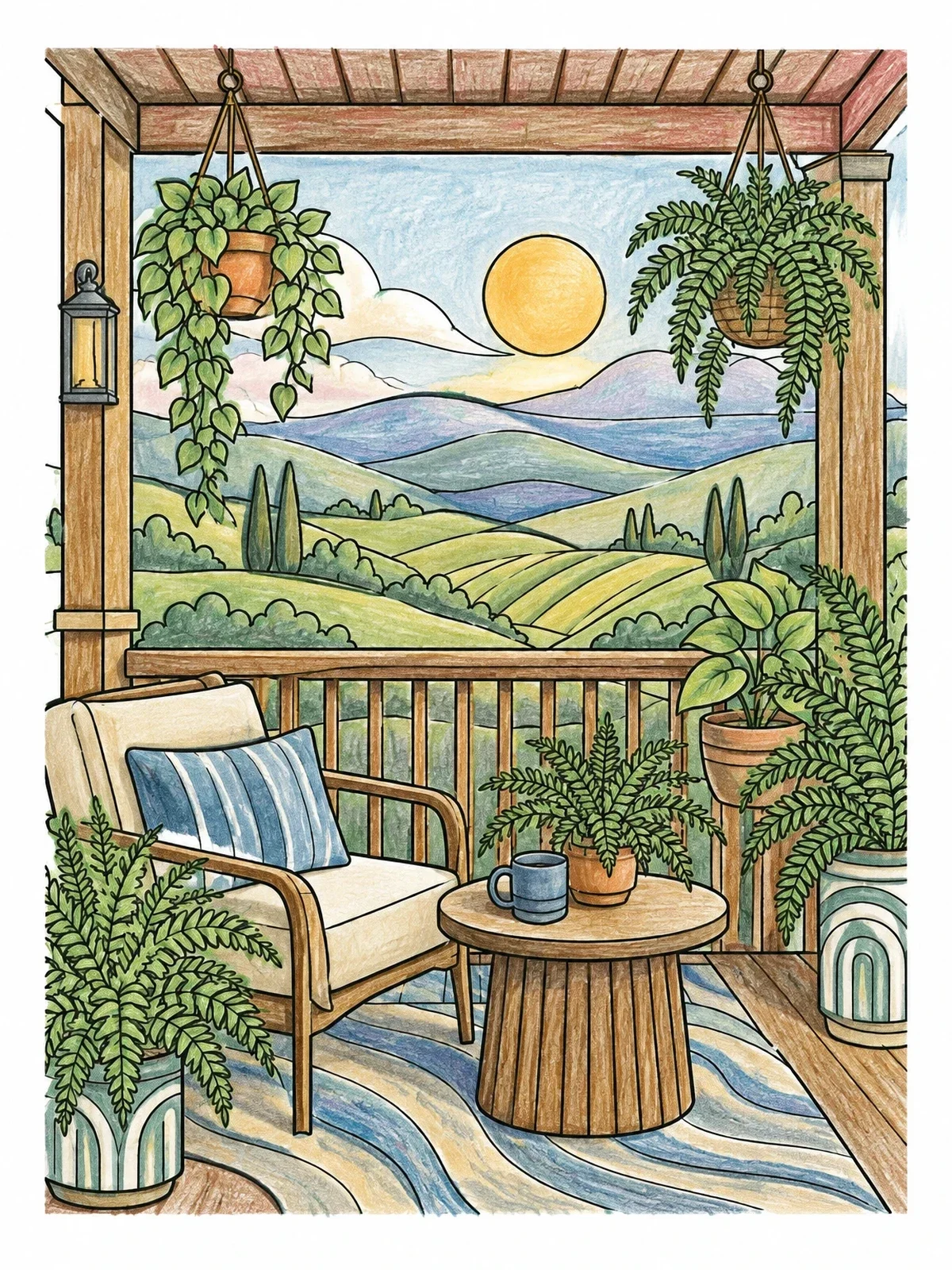 Colored example of the Cozy Porch Overlook With Rolling Hills coloring page