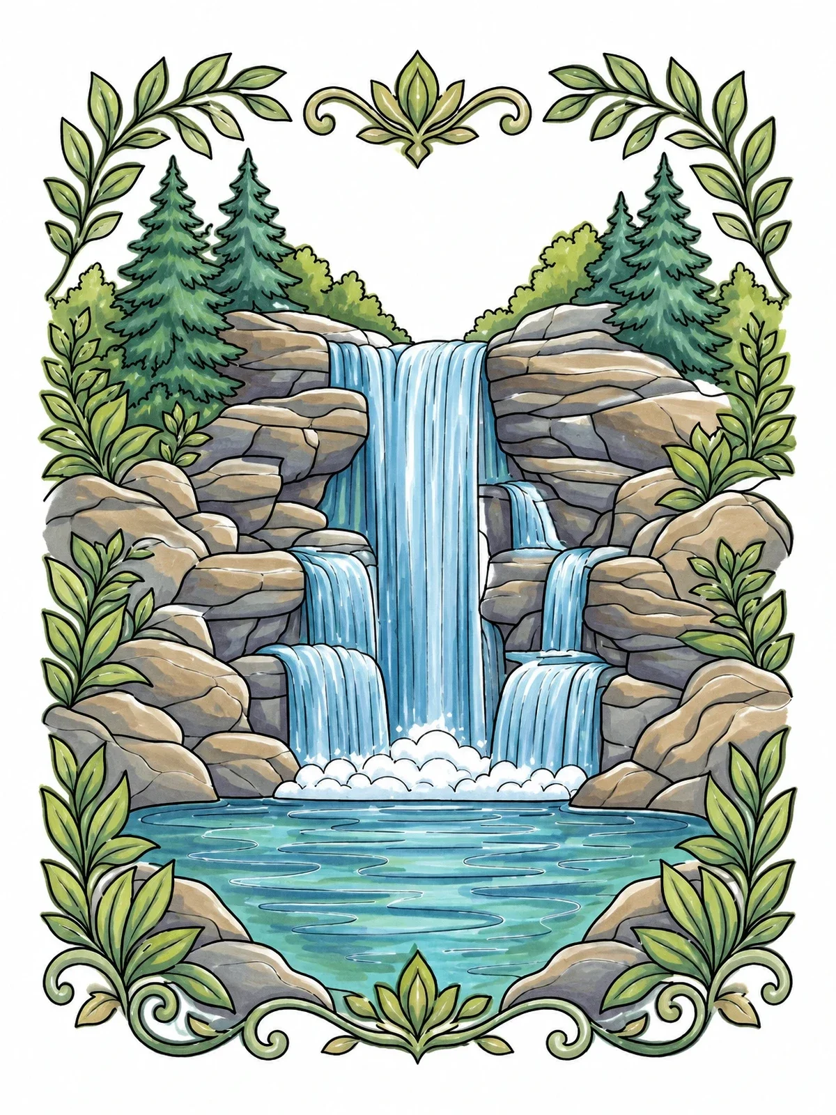 Colored example of the Serene Forest Waterfall And Pool coloring page