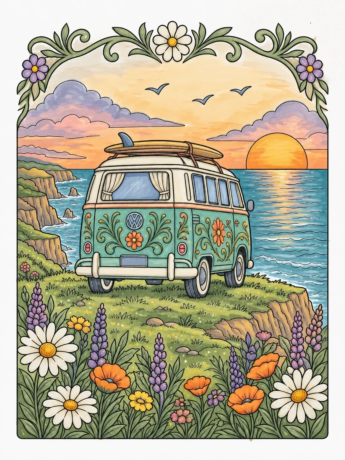 Colored example of the Vintage Camper Van By The Ocean coloring page