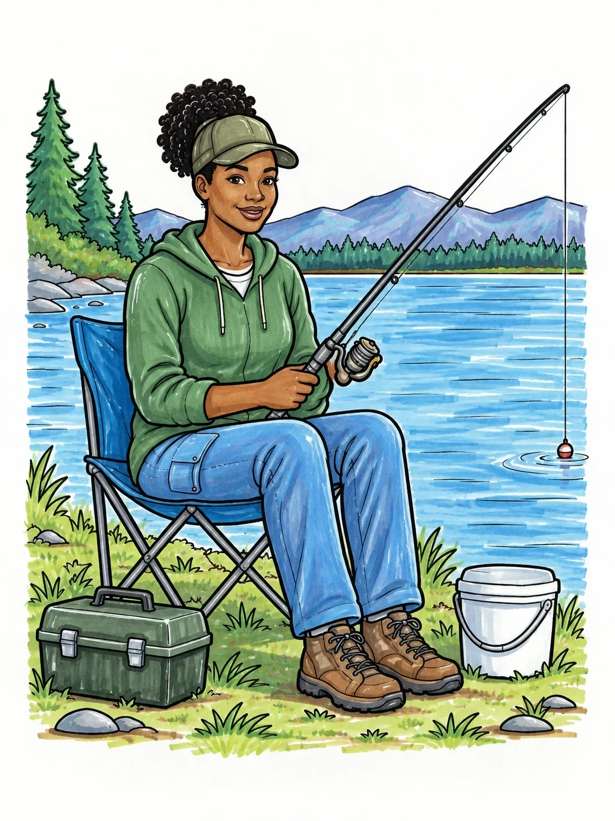 Colored example of the Woman Fishing By The Lake coloring page