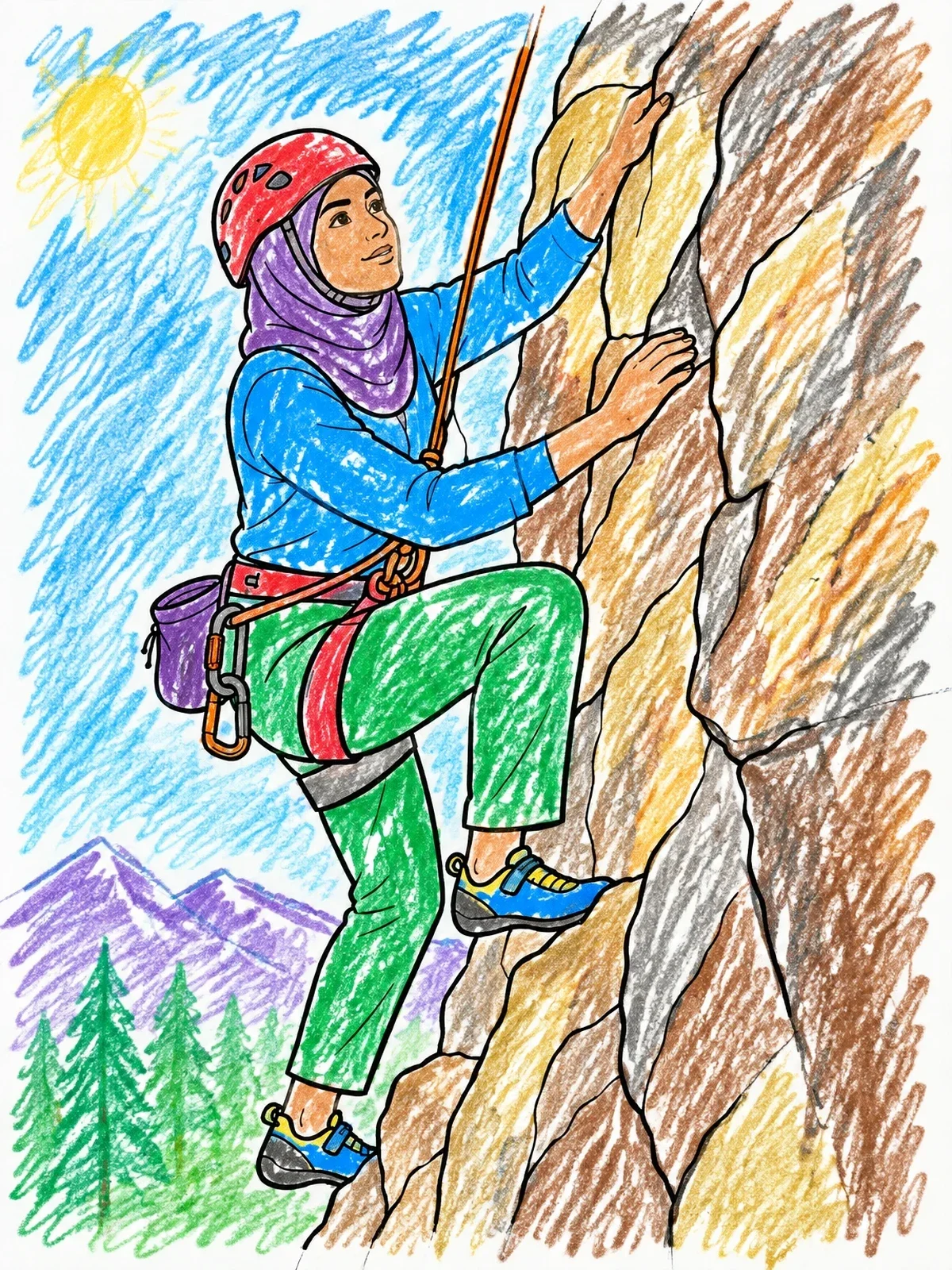 Colored example of the Woman Rock Climbing Mountain Cliff coloring page
