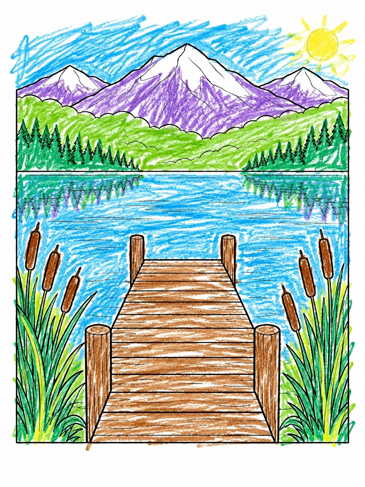 Colored example of the Wooden Dock On A Mountain Lake coloring page